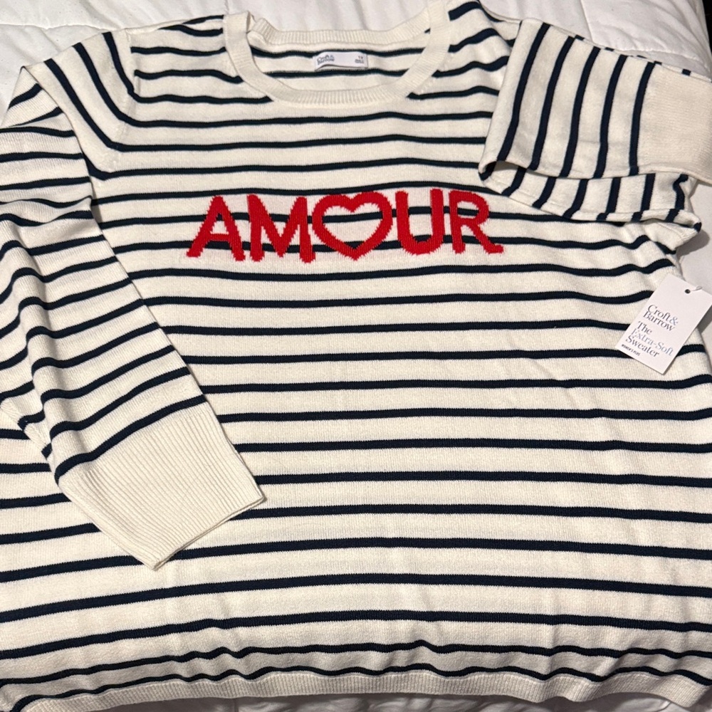 Croft & Barrow Cream and Navy Striped Sweater with Red 'AMOUR'